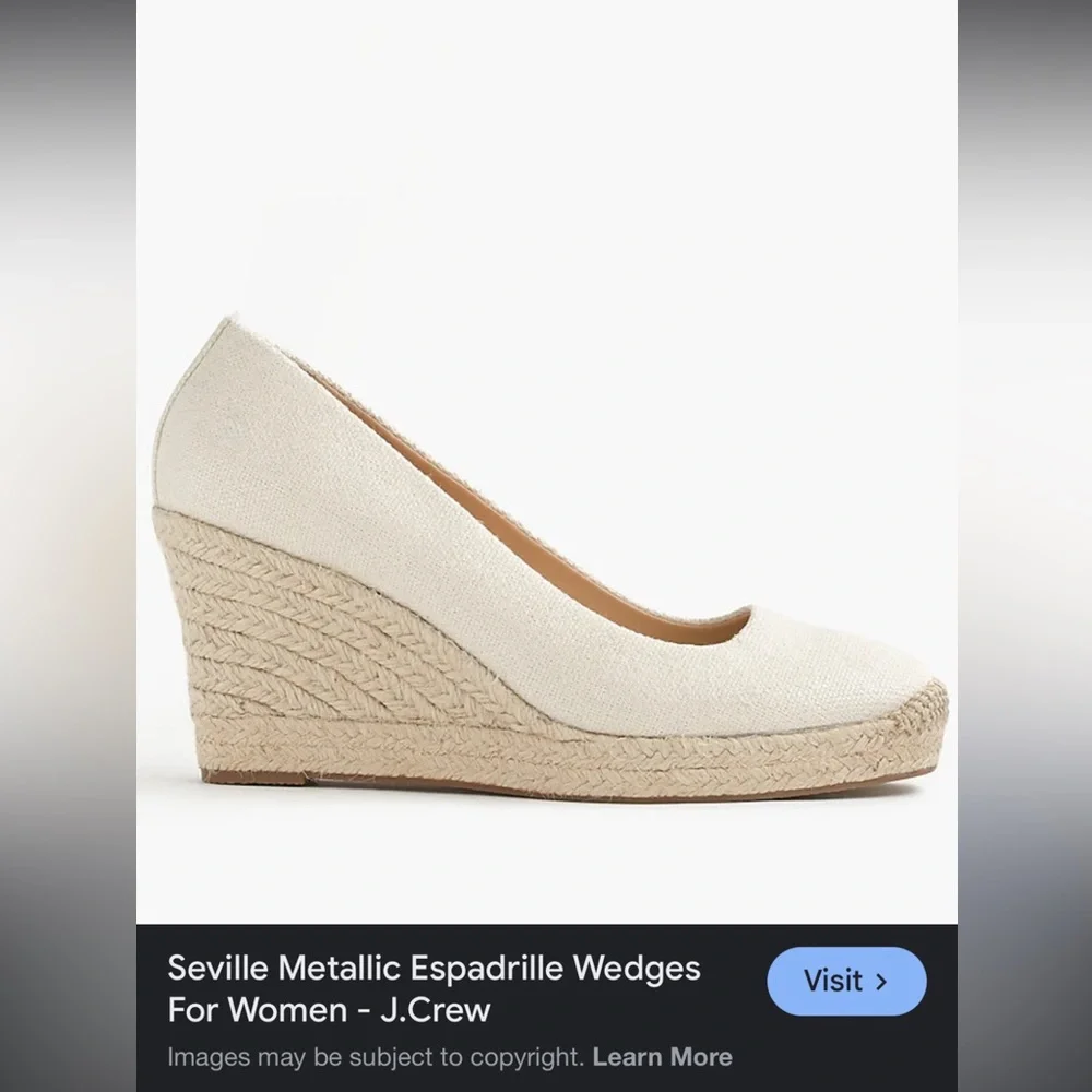 NEW* J. Crew Seville Espadrilles Wedges Shoes Beige Linen Gold Metallic 8.5